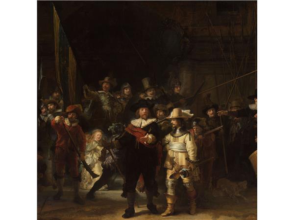 Een Wanddecoratie The Night Watch by Rembrandt van Rijn 74x74cm Dibond wit koop je bij Meubels and More