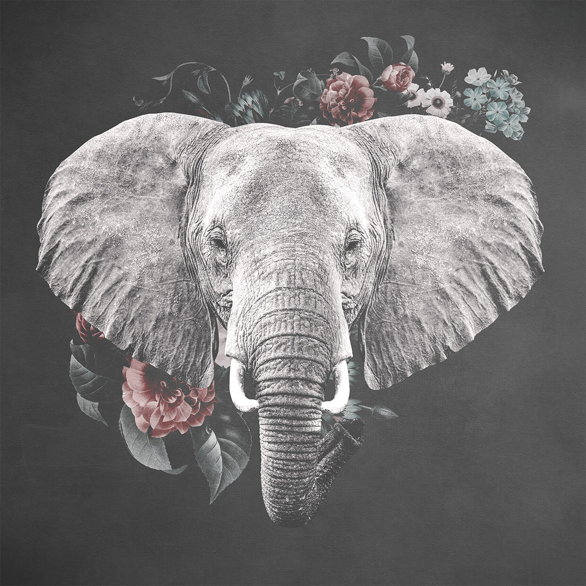 Een Wanddecoratie Elephant with Flowers 74x74cm RVS koop je bij Meubels and More