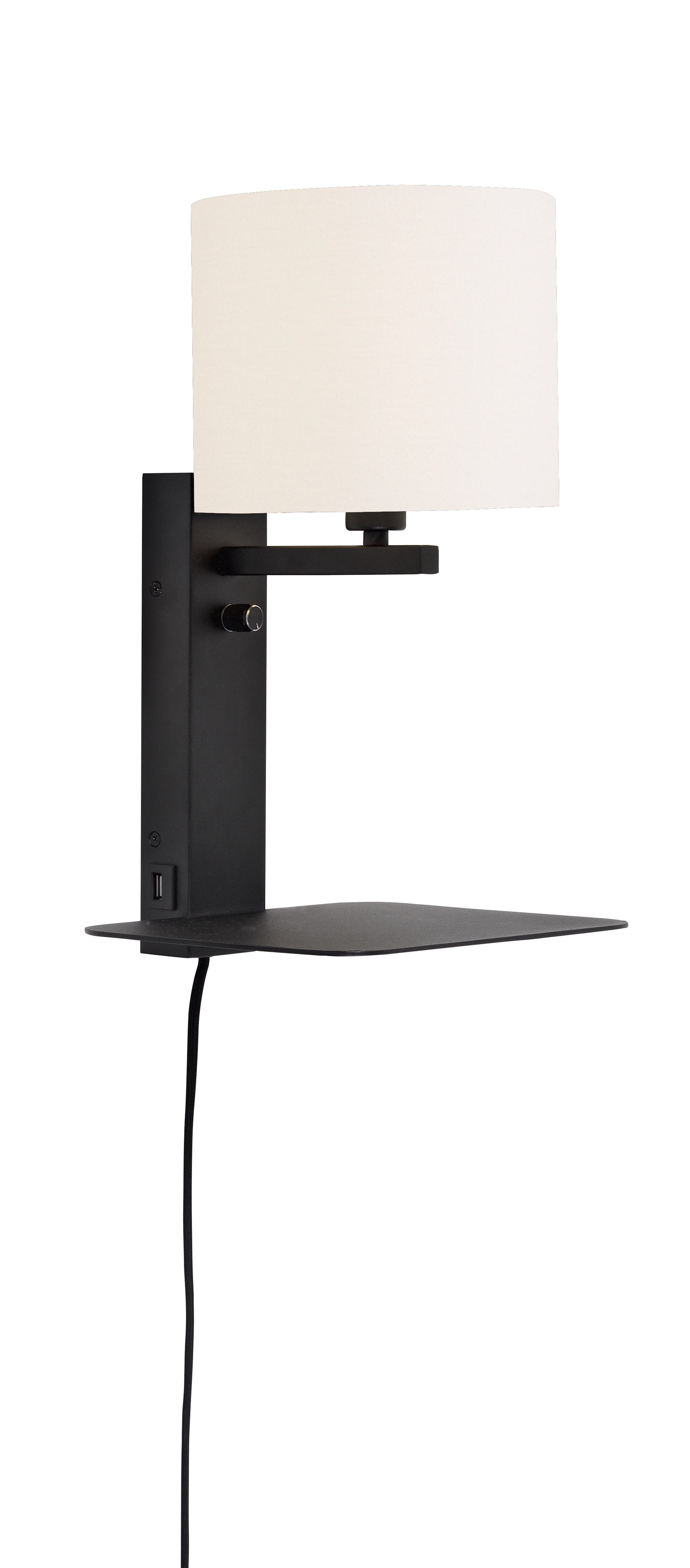 Een Wandlamp ijzer Florence E14 m plank+usb h.42cm incl dimmer kap 18x15cm wit koop je bij Meubels and More