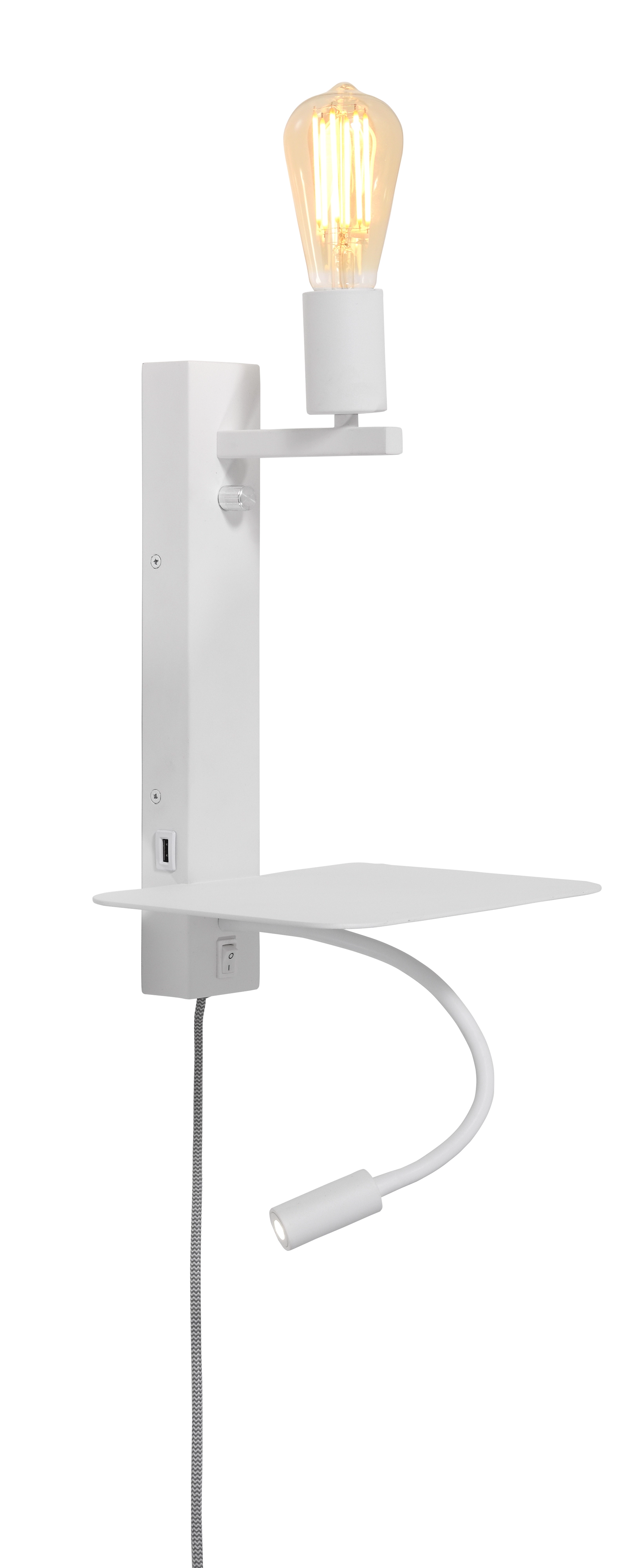 Een Wandlamp ijzer Florence m plank+usb+leeslamp 15000hrs h.38x23x22cm incl dimmer wit koop je bij Meubels and More