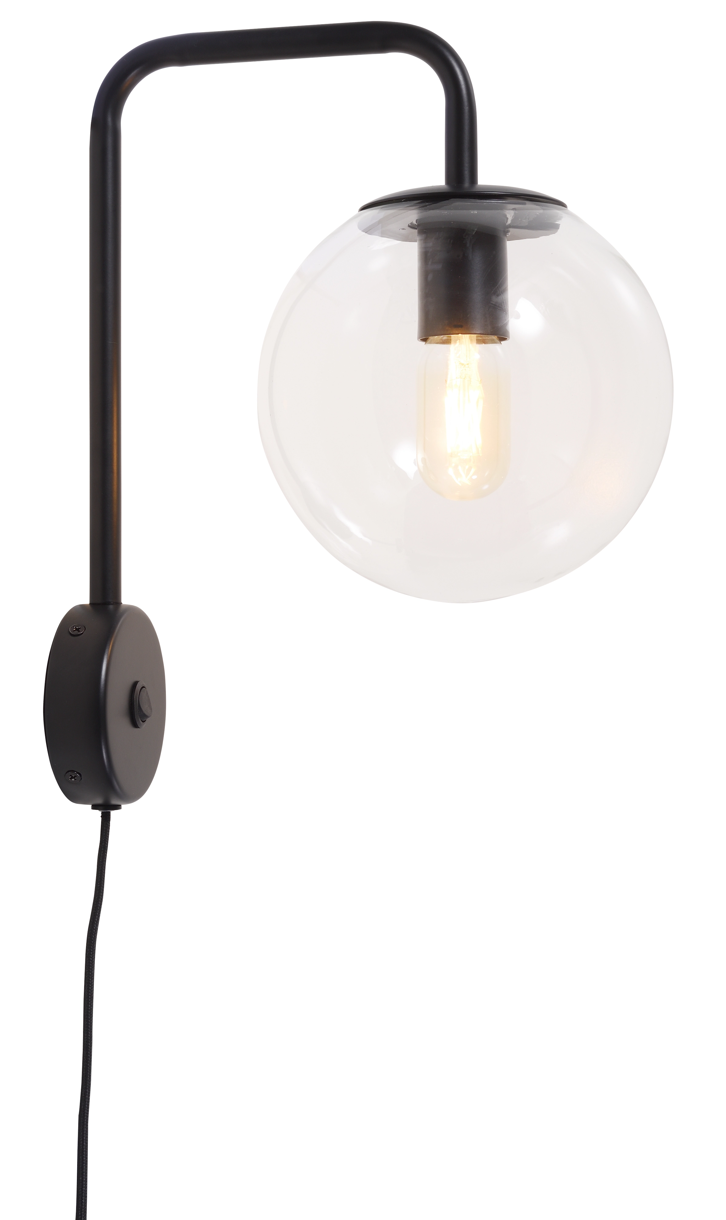 Een Wandlamp ijzer glas Warsaw h.38cm bol dia.20cm transparant zwart koop je bij Meubels and More