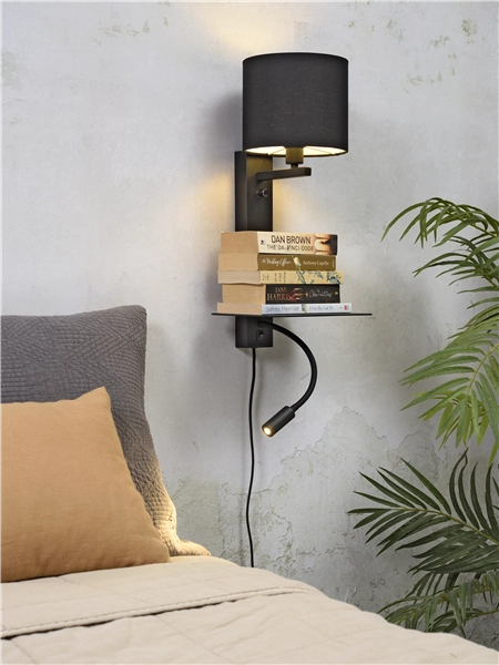 Een Wandlamp ijzer Florence h.52cm plank+usb+leeslamp 15000hrs kap 18x15cm incl dimmer zwart koop je bij Meubels and More