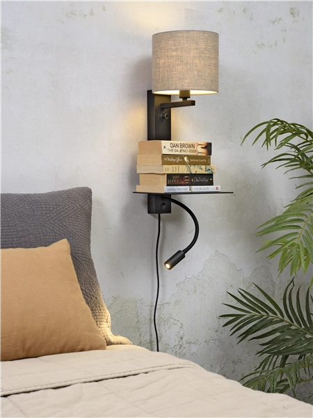 Een Wandlamp ijzer Florence h.52cm plank+usb+leeslamp 15000hrs kap 18x15cm incl dimmer d.linnen koop je bij Meubels and More