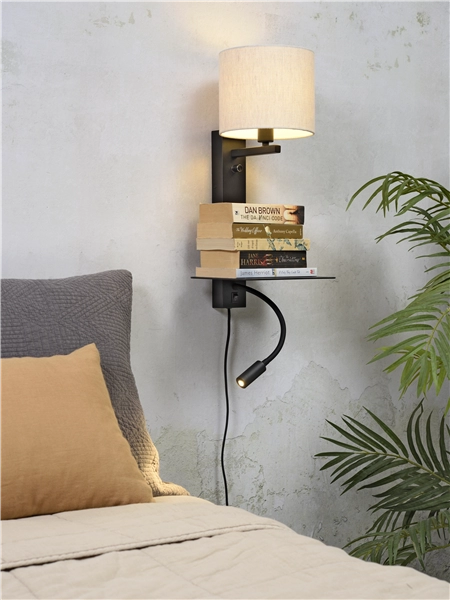 Een Wandlamp ijzer Florence h.52cm plank+usb+leeslamp 15000hrs kap 18x15cm incl dimmer l.linnen koop je bij Meubels and More