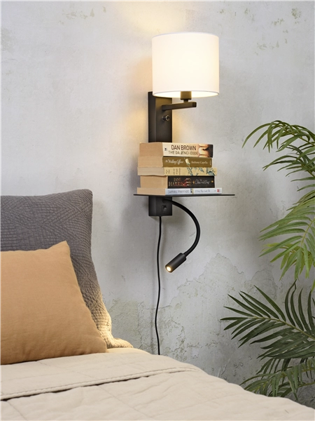 Een Wandlamp ijzer Florence h.52cm plank+usb+leeslamp 15000hrs kap 18x15cm incl dimmer wit koop je bij Meubels and More