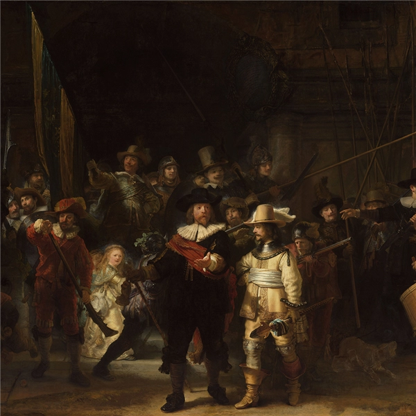 Een Wanddecoratie The Night Watch by Rembrandt van Rijn 74x74cm Dibond wit koop je bij Meubels and More