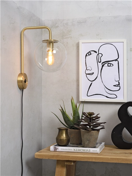 Een Wandlamp ijzer glas Warsaw h.38cm bol dia.20cm transparant goud koop je bij Meubels and More